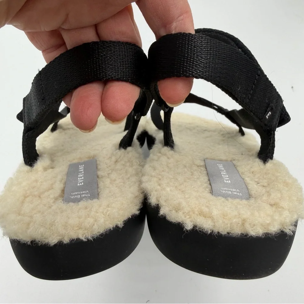 NEW Everlane Black ReNew Teddy Faux Fur Sport Sandal in Size 9